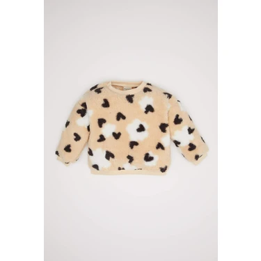 DeFacto Bisiklet Yaka Kalp Desenli İçi Yumuşak Tüylü Welsoft Pelüş Sweatshirt Kız Bebek