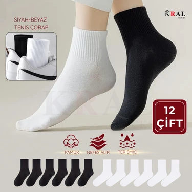 Kral Socks 12 Çift Unisex Spor Tenis Kolej Çorabı – Pamuklu Nefes Alabilen Rahat Çorap