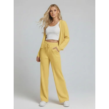 Trendseninle Kadın Sarı Fitilli Örme Yelek Pantolon