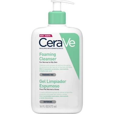 CeraVe Köpüren Temizleyici Jel - Yağlı ve Normal Ciltler İçin, Hyaluronik Asit ve Seramid ile
