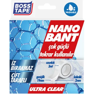 Boss Tape Nano Bant 3 Metre Çok Güçlü Çift Taraflı Şeffaf Yıkanabilir