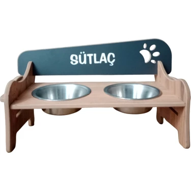 RealWood  Özel Isim Baskılı Ahşap Kademeli Eğimli Çelik Kaseli Kedi Köpek Mama ve Su Kabı