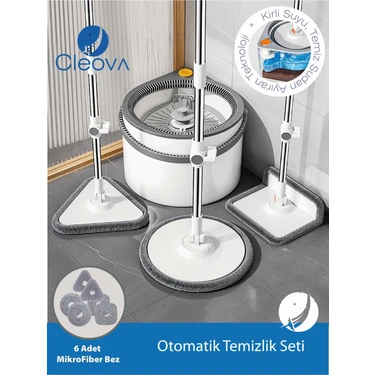 Cleova Yeni Tasarım Otomatik 360° Döner Mop ve Temizlik Seti, 3 Başlıklı Paspas