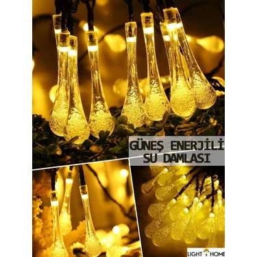Light Home 50 LED 7 Metre Sarı Kristal Saydam Su Damlası Güneş Enerjili LED Işık Solar Bahçe Teras