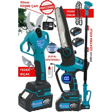 Dijitalgöstergeli 3 Lü Set A Plus 21V3AH 50MM Budama Makası Kömürsüz Testere Teleskobik