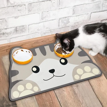 Evcil Hayvan Beslenme Matı Kedi Figürlü Su Emici Özellikli Yıkanabilir Kaymaz Kedi Köpek Mama