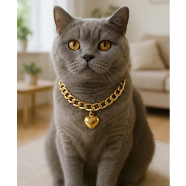 Gold Zincir Kedi Kolyesi Kalp Detaylı Hafifi Kedi