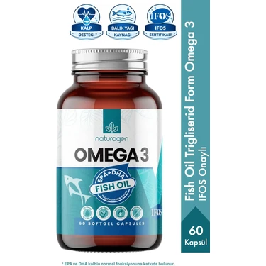 Naturagen Omega-3 Fish Oil 1200 mg 60 Softgel Balık Yağı | IFOS Onaylı | Gluten Free | Takviye