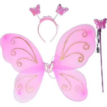 Pandoli 50 cm Pembe Kelebek Kanat Seti Tül Malzemeden Taç ve Asa ile Yetişkin ve Çocuklar