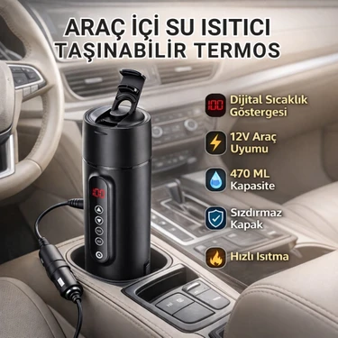 Polham Araç Içi Su Isıtıcı 470 ml – Dijital Sıcaklık Göstergeli Taşınabilir Termos | 12V Çakmaklık