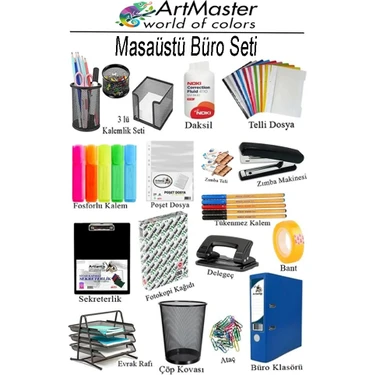 ArtMaster Masaüstü Büro Seti Metal Siyah 16 Parça Kalemlik Evrak Rafı 3 Lü Delgeç Zımba Makinesi