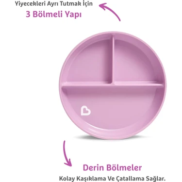 Munchkin Sabit Vakumlu Beslenme Tabağı | 6 Ay+, 3 Bölmeli, BPA İçermez, Mor – 1