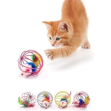 Bakgelal Renkli Metal Kafesli Peluş Fareli Kedi Oyuncağı – Hareketli Tüylü Top 6cm | Kediler Için