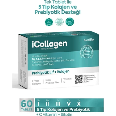 iCollagen 5 Tip Kolajen 60 Tablet Prebiyotik Desteği ile Sindirim Sistemine