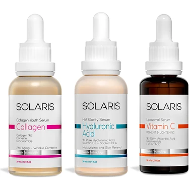 Solaris Cilt Serumu 30 ml ve Hyaluronic Acid Cilt Serumu 30 ml ve C Vitamin Cilt Serumu 30