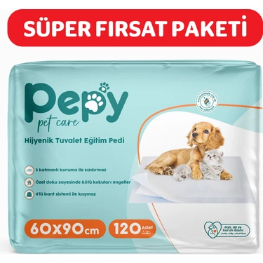 Pepy Pet Care 60 x 90 cm Hijyenik Tuvalet Eğitim Pedi 120 Adet Evcil Dostlar İçin 3 Katmanlı
