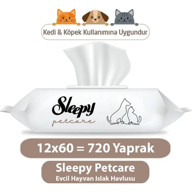 Sleepy Petcare 12x60 Yaprak Evcil Hayvan Islak Havlusu Beyaz Renkli Premium Kalite