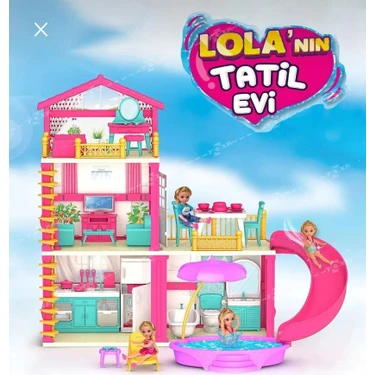 Deyido Lola'nın Tatil Evi 3 Katlı Su Kaydıraklı Barbie Evi Oyun Seti 4 Odalı Teraslı