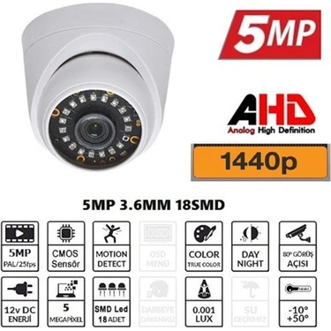 Uravas Store 5mp Ahd Ir Cam 3.6mm 18 Smd LED 1440P Dome Güvenlik