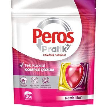 Peros Pratik Renkliler 26'lı Çamaşır Kapsülü Güçlü Leke Çıkarma ve Kalıcı Koku
