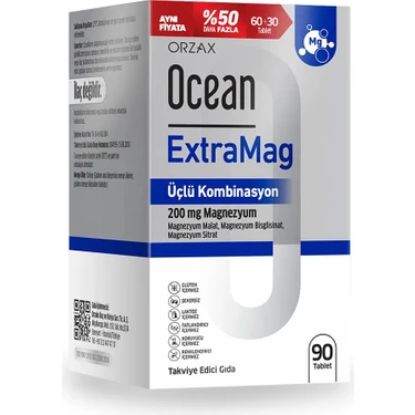 Orzax Ocean Extramag 90 Tablet Üçlü Kombinasyon ile 200 mg Magnezyum Takviye Edici