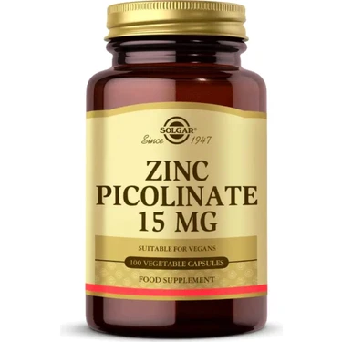 Solgar Zinc Picolinate 15 Mg 100 Bitkisel Kapsül Vegan Uygun Türkiye Menşeli Besin