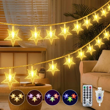 Mighty Ramazan Süsü USB Girişli Sarı ve Renkli Işık Modlu 12 Metre 100 LED Yıldız Kumandalı 8 Modlu