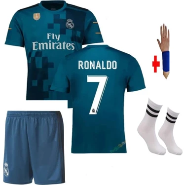 Cristiano Ronaldo Real. Madrid 2018 Deplasman Turkuaz  Şampiyonlar  Ligi  Çocuk Forma T-Shrt Takımı